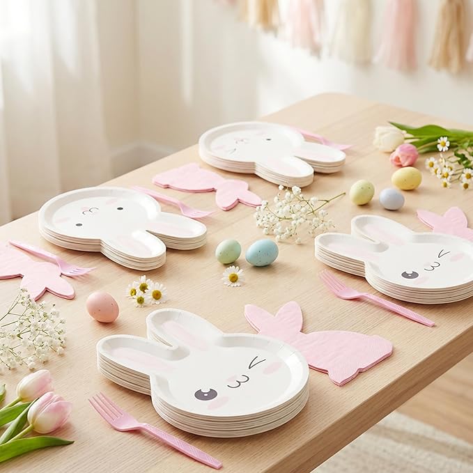 72 Pcs Pink Bunny Party Napkins and Plates Disposable for 24 Guests, Cute 9" Paper Plates, Cocktail Napkins, Forks, Party Supplies for Birthday, Bridal Shower Decorations