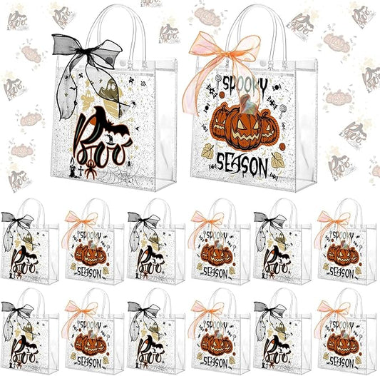 Motipuns 24 Pcs Clear PVC Gift Bags with Handles and Ribbon Party Favor Reusable Plastic Goodie Candy Treat Bags for Birthday Party Supplies(Halloween)