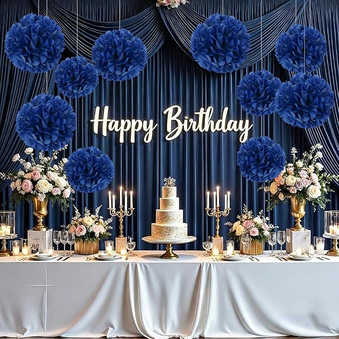 10 Pcs Paper Pom Poms Flowers for Wedding, Birthday Party, Baby Shower, Nursery Decor, Bachelorette Party Hanging Decor, Easy Joy (10 inch, Navy Blue)