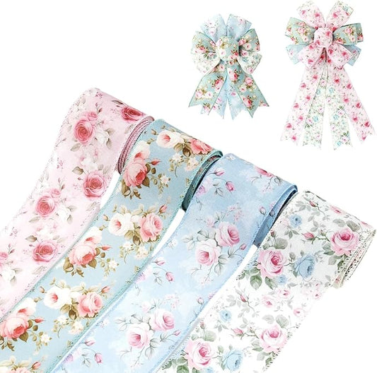 Spring Summer Watercolor Vintage Floral Wired Edge Ribbon, Pink Rose Summer Fabric Ribbon for Wreath, Bow Making, Gift Wrapping & DIY Crafts, 4 Rolls, 20 Yards (Blue-Pink)