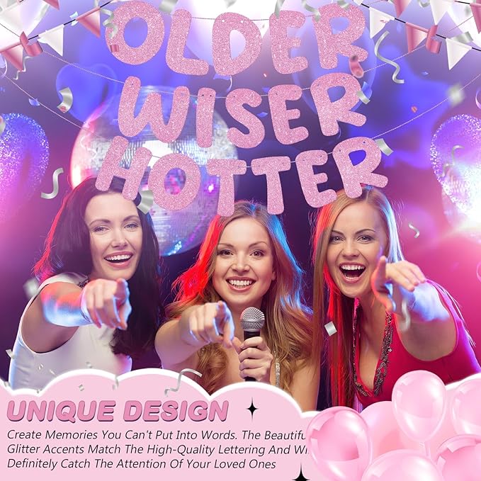 Fulmoon Set of 3 Pre Strung Older Wiser Hotter Glitter Banner Funny Birthday Banner for Women 30th 40th 50th 60th 70th 80th Birthday Party Decorations Sign Gift(Pink)
