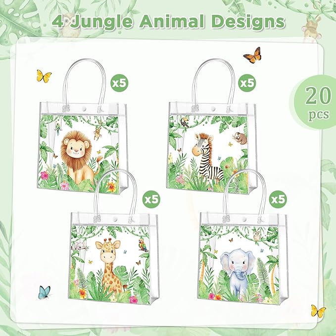 Aliceset 20 Pcs Jungle Safari Animals Party Goodie Bags with Handles Safari Animals Party Candy Bags Wilds Zoo Themed Favors for Birthday Baby Shower Decoration Supplies, 8x8x3.15 Inch