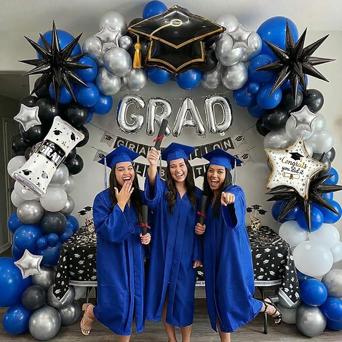 Blue Black Silver Graduation Balloon Garland Arch Kit with Graduation Star print Certificate Letter Foil Balloons for Graduate Class of 2026 Grad Prom party Decorations Supplies
