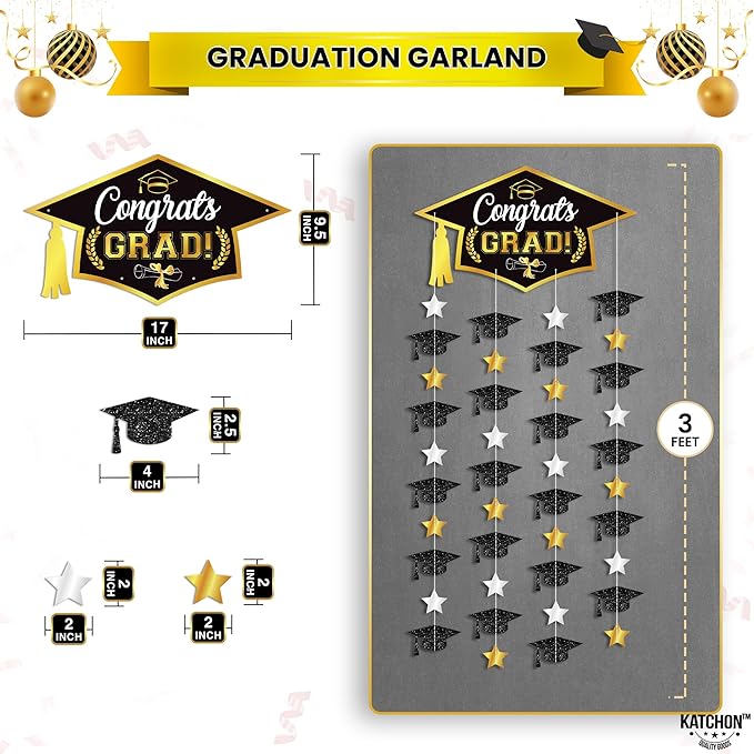 Graduation Decorations 2026, Black and Gold Graduation Cap Garland - Pack Of 2, No DIY | Congrats Grad Garlands for Graduation Cap Decoration | Graduation Party Decorations 2026, KatchOn