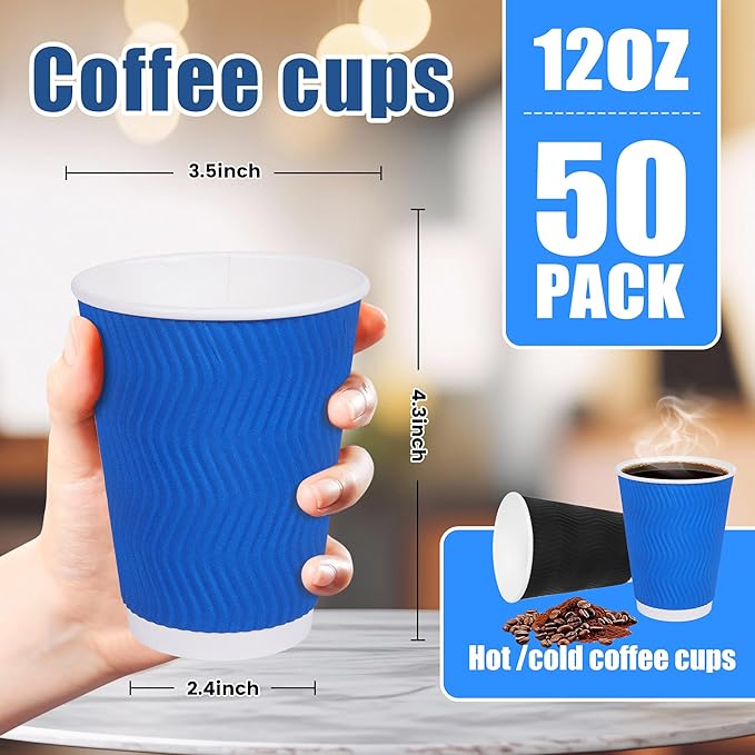 MOUMOULIFE 12 oz Disposable Paper Coffee Cups, 50 Pack 2-Color Assortment (Black & Blue), Leak-Proof Insulated Ripple Wall To-Go Cups for Hot/Cold Drinks, Home Office Cafe Party