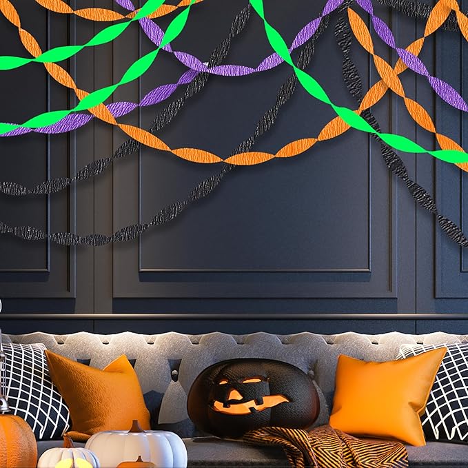 Halloween Party Streamers, Black Orange Purple Crepe Paper Kit 8 Rolls, Halloween Decorations Ceiling Hanging Backdrop Scary Party Supplies DIY Crepe Paper Roll