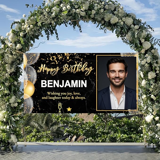 Happy Birthday Banner with Pictures Customized Backdrop and Name, Special Party Decoration for Husband Him Men Women, Personalized Banner for All Age Celebrations