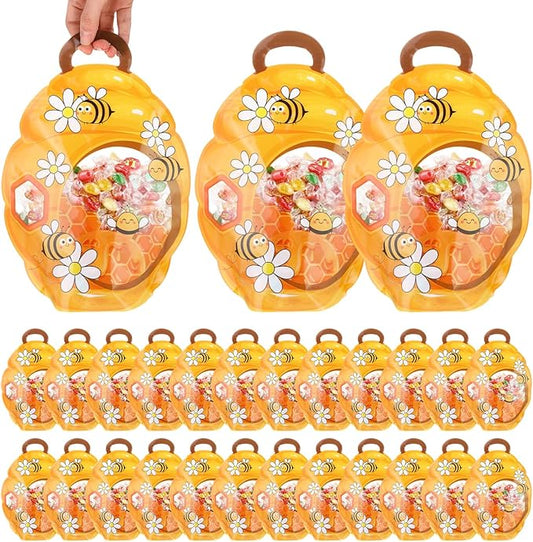 ReliThick 50 Pcs Bee Gift Bags with Handles, Sealed Plastic Honeycomb Bee Party Favors Bags Bulk Daisy Honey Goodie Candy Treat Pouch for Snack Spring Summer Birthday Baby Shower Decor Supply