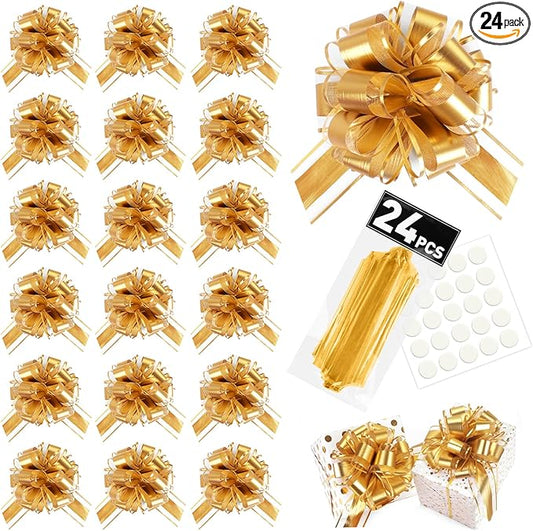 TUXIYA 24PCS 6 Inch Large Pull Bows,Gold Bow for Gift Wrapping,Party Gift Wedding Ribbon Bows for Wrapping Boxes or Flower Decorations,Perfect for Christmas Valentine's Day Decoration Bow（Gold）