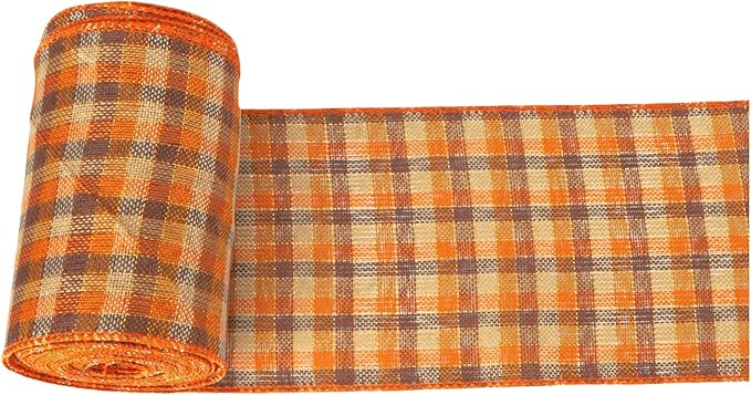 Meseey 4 Inch x 10 Yards Orange Brown Beige Plaid Wired Ribbon, Fall Burlap Wired Edge Ribbons for Large Wreaths, Big Bows, Gift Wrapping, Thanksgiving & Halloween Outdoor Decor (Brown/Orange)