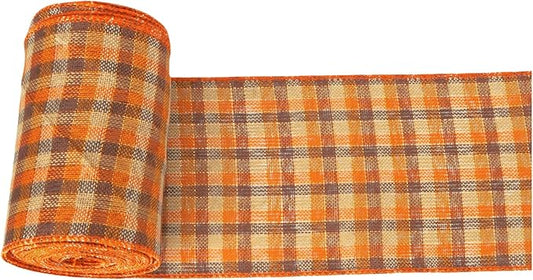 Meseey 4 Inch x 10 Yards Orange Brown Beige Plaid Wired Ribbon, Fall Burlap Wired Edge Ribbons for Large Wreaths, Big Bows, Gift Wrapping, Thanksgiving & Halloween Outdoor Decor (Brown/Orange)