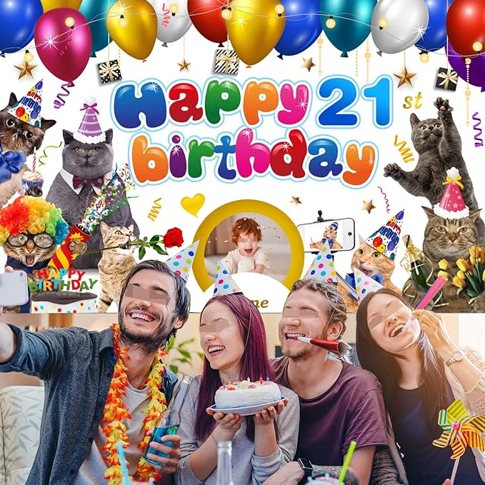 Custom Cat Theme 21st Birthday Decorations Banner - Personalized Fabric Banner for 21st Birthday Party Supplies