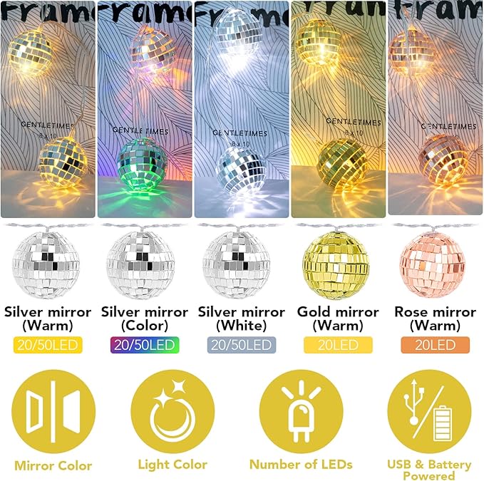 AceList 20 LED 9.8ft Disco Ball String Light - Battery Powered and USB Plug, Disco Ball Lights for 70's Disco Party Decorations and Birthday Parties, Mamma Mia (Gold)