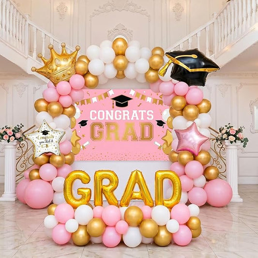 Pink White Gold Graduation Decorations 2026 - 130Pcs Graduation Balloon Garland Arch Kit with GRAD Foil Balloons, Crown, Star and Cap Balloons for Class of 2026 Girls Senior Prom Party Supplies