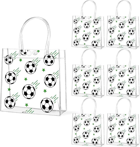 24Pcs Soccer Clear PVC Gift Bags With Handles Bulk 8 x 8 x 3 In Sport Theme Goodie Treat Candy Bags Soccer Team Present Wrap Tote Bag for Boys Birthday Party Favor Baby Shower Decorations Supplies
