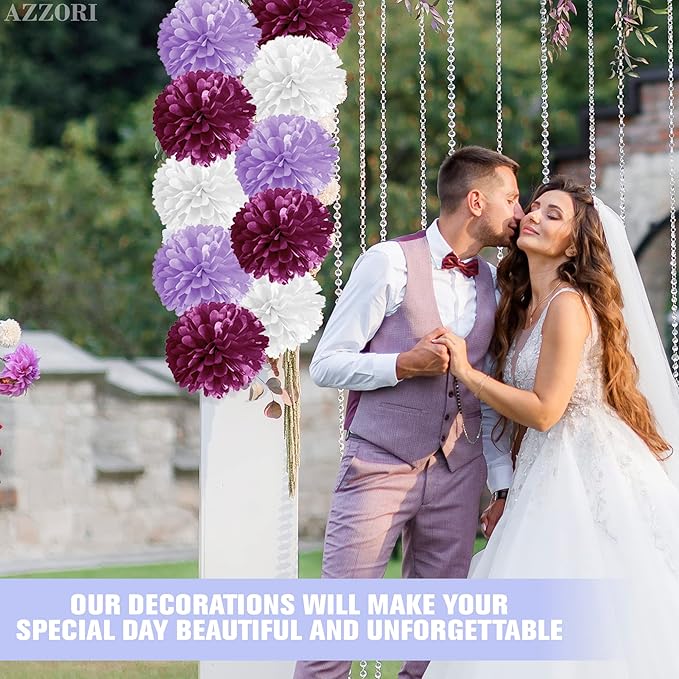 16 Pcs Purple Tissue Paper Pom Poms Set – Purple Decorations for Party with Pom Poms, Flowers & Lanterns – Elegant Reusable Decor with Soft Lavender Tones for Weddings, Events & Party Decorations