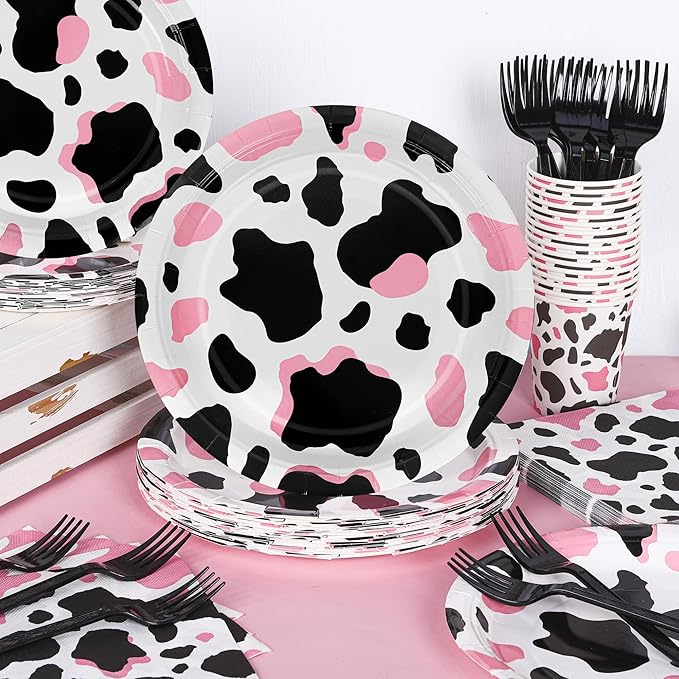 Kochorie 144 Pieces Pink Cow Print Party Supplies, Cowgirl Pink Cow Tableware Sets Including Disposable Paper Plates Napkins Cups Forks Serves 24 for Baby Shower Birthday Party Decorations