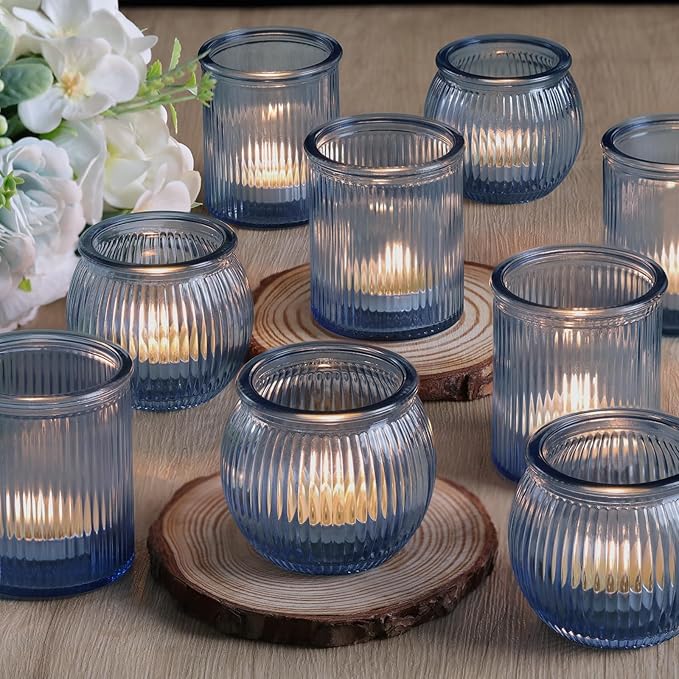 NITIME 12pcs Assorted Blue Votive Candle Holders for Wedding Decor, Ribbed Tea Lights Candle Holder, Glass Candle Holder for Table Centerpiece, Party and Holiday Decorations