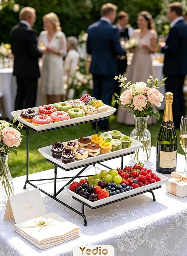 3 Tier Serving Tray Set 14 Inch Porcelain Tiered Serving Trays Platters, Collapsible Sturdier Stand with Stable Cross Bars, Three Layer Serving for Party Entertaining Food Display Fruit Dessert