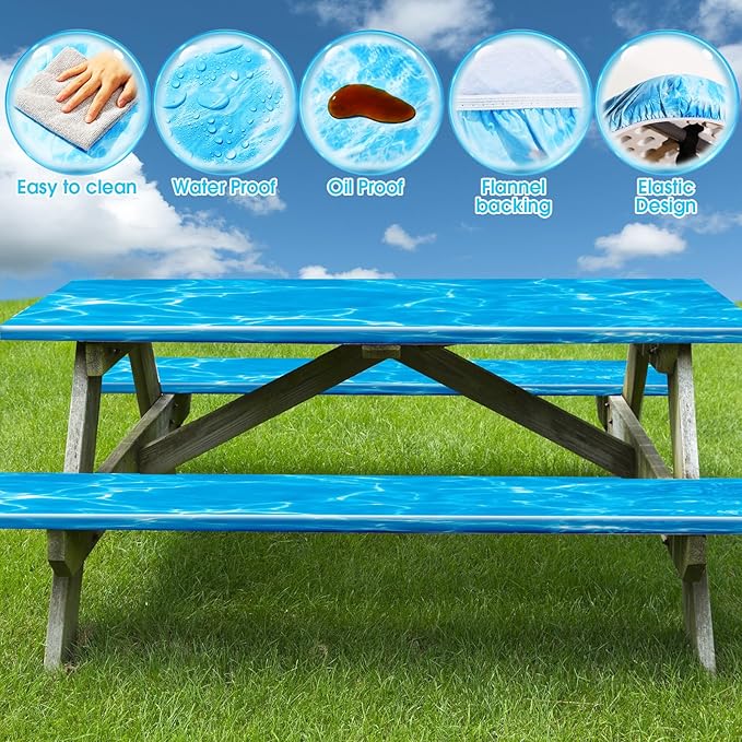 Boao 3 Pcs Vinyl Picnic Table Cover with Bench Cover 6 ft 30 x 72 Inch Waterproof Fitted Tablecloth Flannel Backing Rectangular Elastic Edged for Camping Outdoor Patio Travel(Seawater)
