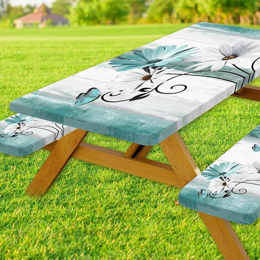 Rustic Farmhouse Teal Flower Picnic Table Cover with Bench Covers, Waterproof Teal Daisy Floral Flowers Butterfly on Country Wooden Tablecloth for Camping Indoor Outdoor Party Decorations, 30X60in