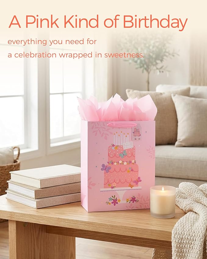 SUNCOLOR Extra Large Gift Bag with Tissue Paper for Girls Happy Birthday Party, 16 X12.6 X 5.7 Inch, Cake, For Birthday, Baby Shower, Children's Party