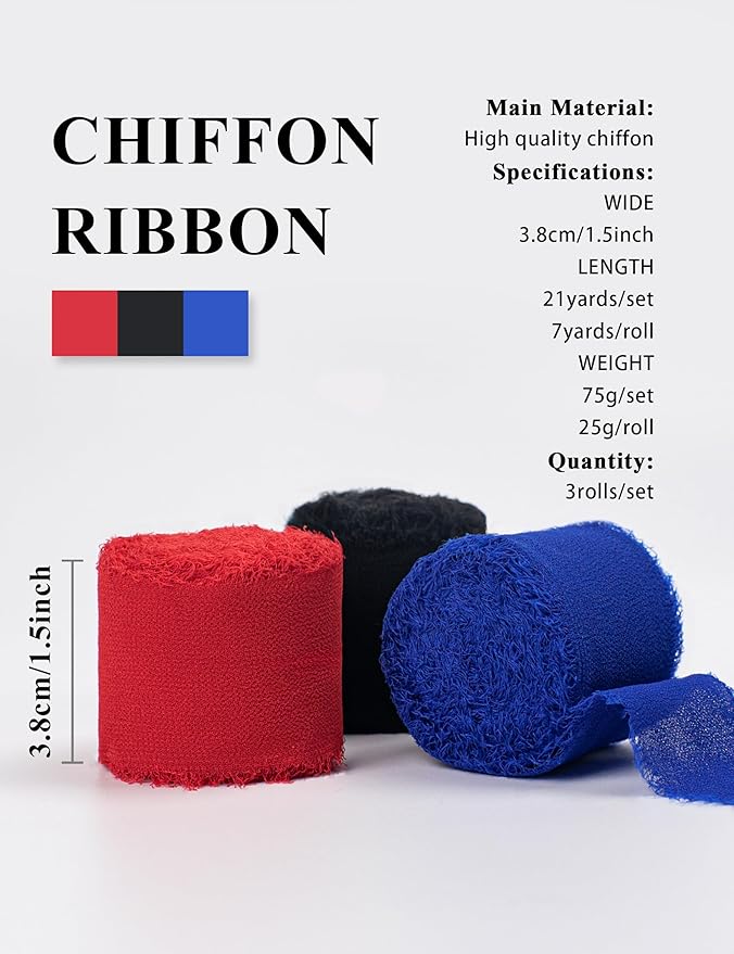 Chiffon Ribbon, Black Red Blue Silk Ribbon, Spider Theme Party Decoration, 1-1/2''x21Yd Handmade Frayed Fringe Ribbon for Wrapping, Floral Vase, Crafts, Invitation Card, Birthday, 3 Rolls