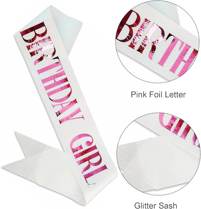 Birthday Sash for Girl, Pink Foil Letter Glitter White Birthday Girl Sash for 10th 11th 13th 16th 18th 21st Bday Gifts Party Suppiles Favors