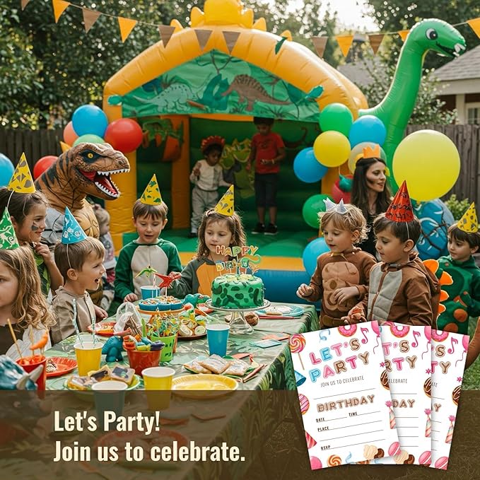 Sweet Candy Birthday Party Invitations, Let's Party Candyland Invites with Envelopes, 25 Pcs 4x6 Inch, Candy Donut Balloons Macarons, Childlike Bright Colors (Colorful Pattern)