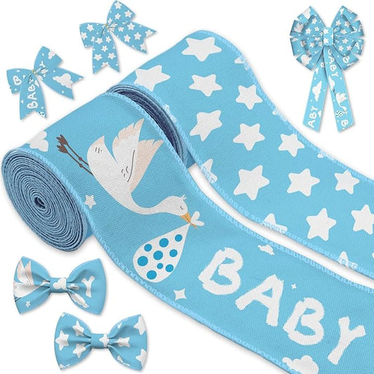 YKW 2 Rolls Baby Shower Ribbon Set, 2.5" Wide Satin Wired Edge Ribbons, Blue Sky Stork Design & Star Pattern, for Newborn Decorations, Gift Wrapping, DIY Crafts,Birth Announcement Party Supplies