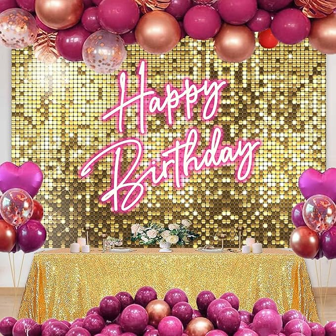 Sensfun Gold Flash Pink Neon Happy Birthday Backdrop for Photography Shining Sequins Shimmer Wall Bday Background Princess Girls Women Birthday Party Decorations Banner Photo Studio Props 10x7ft