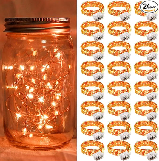 24 Pack Orange Fairy Lights 7Ft 20 LED Twinkle String Lights 3 Modes Battery Operated Waterproof Firefly Starry for Mason Jar Party Wedding Christmas Valentines Day Table Centerpieces