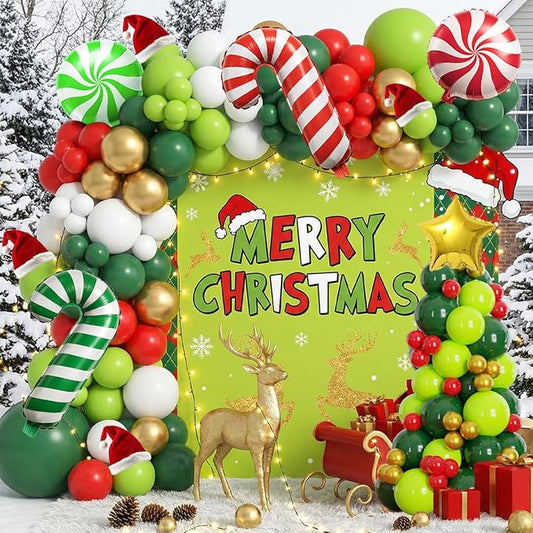 128PCS Christmas Tree Balloon Arch Garland Kit - Red Green White Gold Balloons with Candy Cane Balloons for Merry Christmas Decorations, Winter Party Supplies, Xmas Balloon Arch