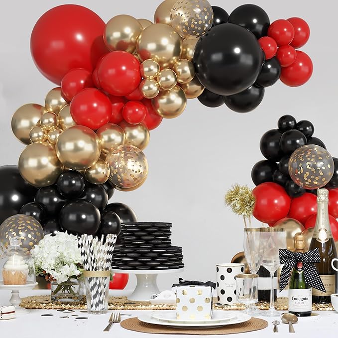 Ouddy Party 149Pcs Red Black Gold Balloon Arch Garland Kit Different Sizes 18 12 10 5Inch, 6Pcs 18” Latex Metallic Gold Confetti Balloons for Birthday Casino Night Movie New Year Party Decorations