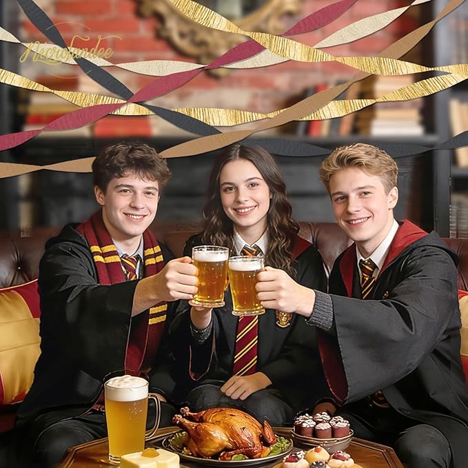 NICROLANDEE 5 Rolls Burgundy Gold Black Crepe Paper Streamers for Magical Wizard School Party Decorations, Casino Theme Party Decorations for Graduation, Retirement, New Year, Milestone Birthday