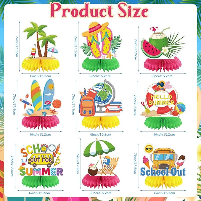 9 Pcs School Out for Summer Honeycomb Centerpieces Hello Summer Table Decorations Beach Palm Tree Surfboard School Bus Hawaiian Luau Party Supplies for Schools Classroom Summers Vacation Decor