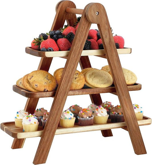 Elama Acacia Wood 3 Tiered Rectangular Ladder Tray Serving Set, Cupcake Tray, Serveware Set, Decorative