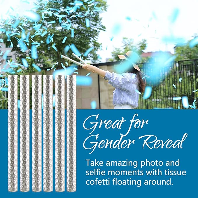 BATTIFE It's a Boy, 6Pack Gender Reveal Confetti Wands, Tissue Paper Confetti Flick Flutter Sticks for Baby Boy Born Shower Party Decorations Supplies, Shoot Poppers, 14inch Blue