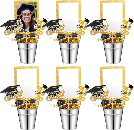 Foilswirl 6 Set 2026 Graduation Table Centerpieces Photo Table Toppers with Small Galvanized Buckets and Shredded Paper Filler for Class of 2026 Graduation Party Decoration(Yellow)