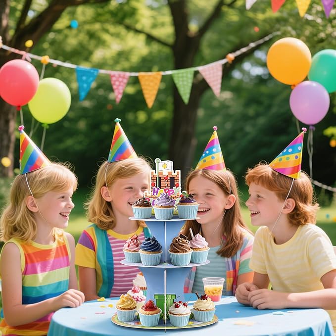 Foneso Cupcake Stand, Large 3-Tier Party Cupcake Holder Tray Dessert Tower for Kids Birthday Party Game Themed Party Favors Supplies Decoration