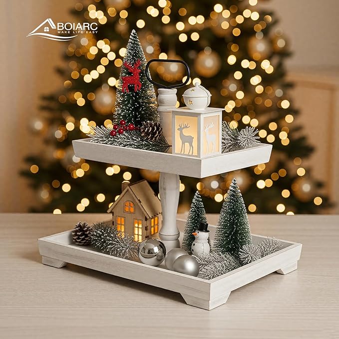 Rustic Wooden 2 Tiered Tray Stand, Farmhouse Tiered Serving Tray Decor, Rectangle Wood Display Stands for Food Fruits Cupcake and Seasonal Festive Decorations (White)