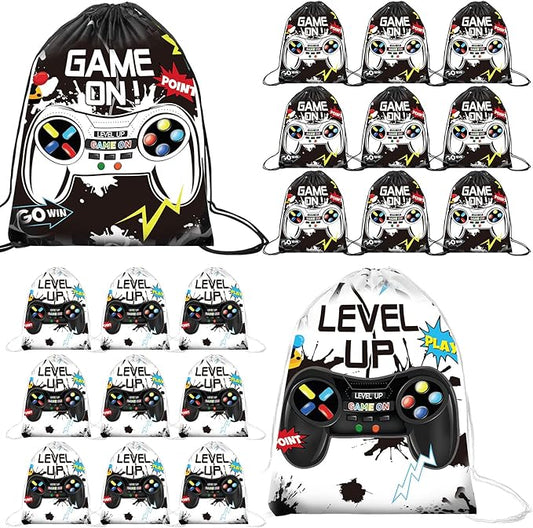 Roowest 36 Pcs Video Game Drawstring Bags 12 x 10'' Video Gaming Theme Birthday Party Gifts Supplies Goodie Treat Candy Bags for Kid(Black, White)
