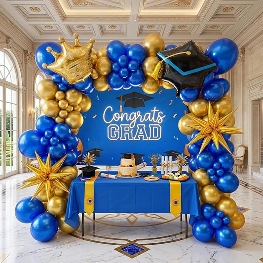 Royal Blue and Gold Graduation Balloon Garland Arch Kit 105 PCS with foil star crown graduation cap balloons for School students graduate class of 2025 Prom Party Decorations (Royal Blue Gold)
