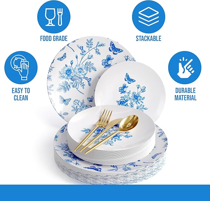 Trendables Fancy Plastic Dinnerware Sets 100 Pc Set 20 Guests Gold Silverware Disposable 20 X 10 Inch Charger Plates 20 X 8 Inch Dessert Plates 20 x Gold Plastic Forks and Spoons Knives In Botanical