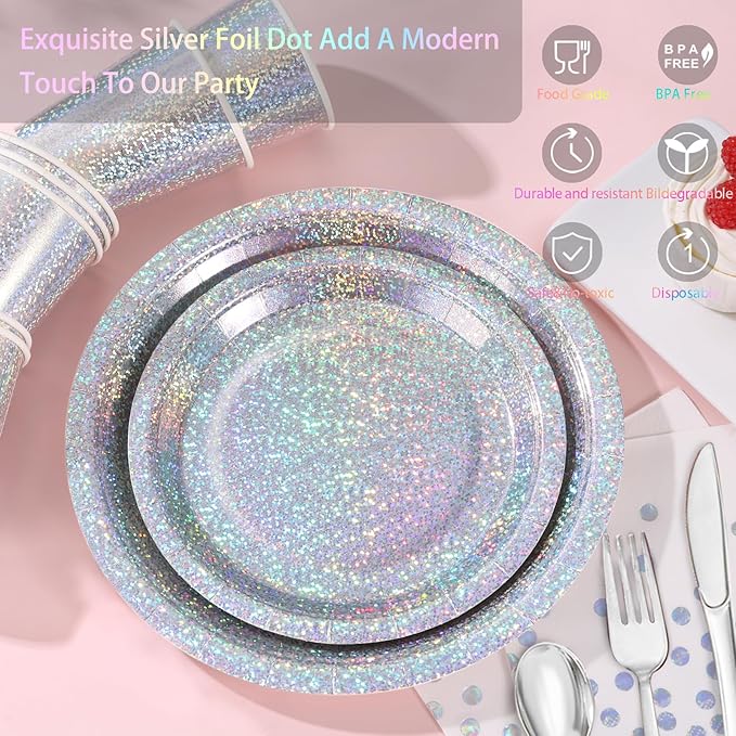 Iridescent Plates Party Supplies-168pcs Iridescent Party Decorations includes Holographic Plates Silver Dot Napkins and Silverware Set for Disco Winter Birthday Party Decorations Serves 24