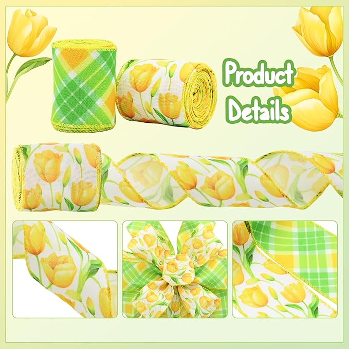 2 Rolls Yellow Tulip Wired Ribbon - 2.5 Inch Wide, 10 Yards Total, Tulip Floral Pattern, Cheerful Summer Floral Ribbon for Wedding Decor, DIY Crafts & Gift Wrapping