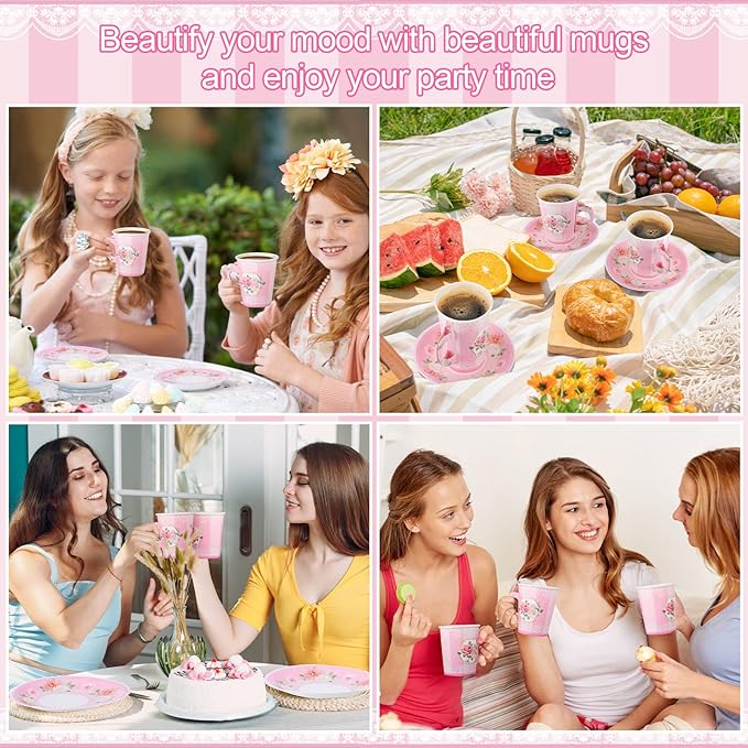Zopeal 100 Pcs Disposable Tea Party Decorations 9 oz Floral Paper Cup with Handle and Saucer Set for Mother Day Wedding Birthday Spring Princess Blossom Party Baby Shower Supplies(Pink)