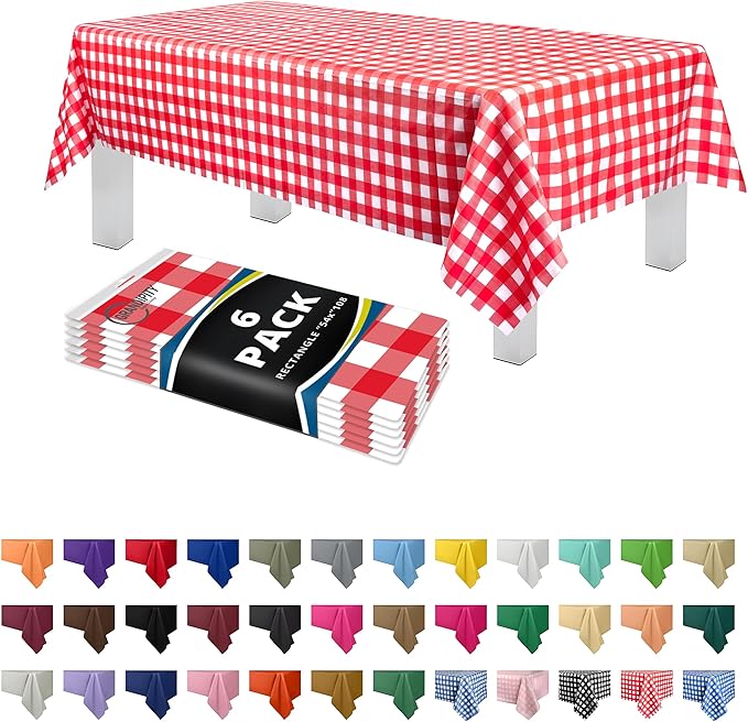 Grandipity Red Gingham Checkered Plastic Table Cloth Disposable (6 Pk) 54in x 108in Plastic Tablecloths for Rectangle Tables - Premium Party Table Cloths Disposable for 6ft to 8ft Rectangle Tables