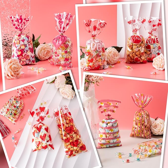 Aegero Valentines Cellophane Bags 120pcs Valentines Candy Bags with 140pcs Twists for Valentine's Candy Cookie Goodie Snack Bag for Valentines Day Wedding Party Favor Supplies,Classroom Parties Valentine01-LOVE