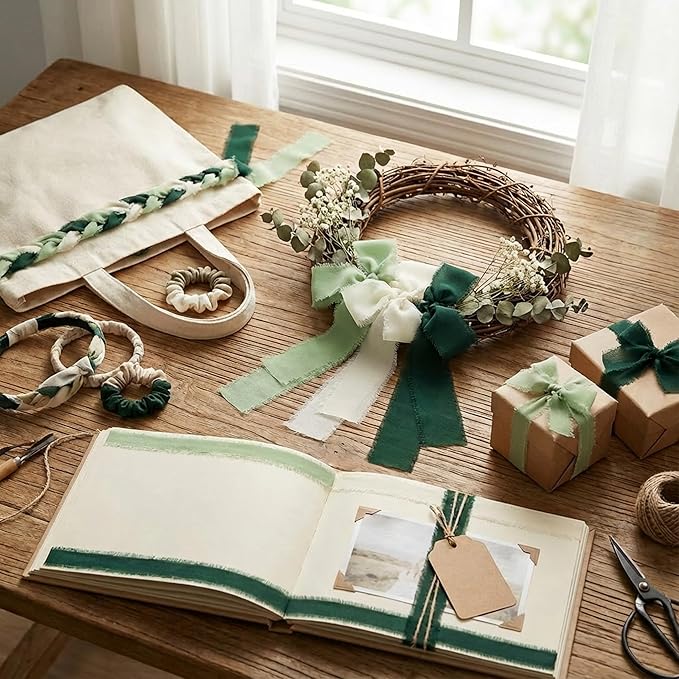 Frayed Edge Chiffon Ribbon 3 Pack, 1.5 Inch Wide Polyester Ribbon, 21 Yards Total in Dark Green, Beige and Pea Green for Wedding Bouquet Wrapping, Gift Decoration and Crafts